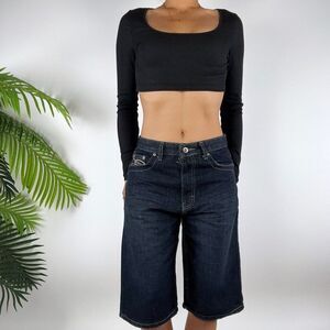 Vintage Y2K Dark Wash Denim Indie Grunge Faded Low Rise Jean Bermuda Shorts / 0